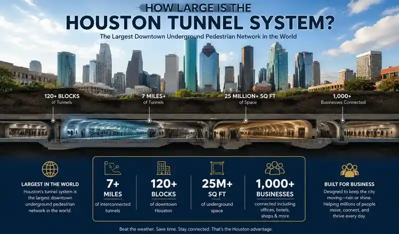 Cross-section of Houston's Downtown Tunnel System illustrating its extensive underground pedestrian network beneath downtown.